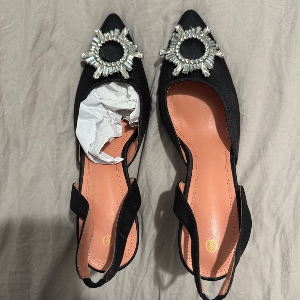 Amazon Black Heels with Slingback Strap and Rhinestone Embellishment